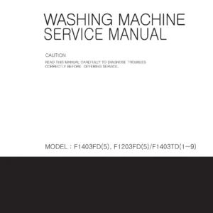 Lg wd 1403fd service manual cover with LG logo, service website path, washer model codes and service caution notice