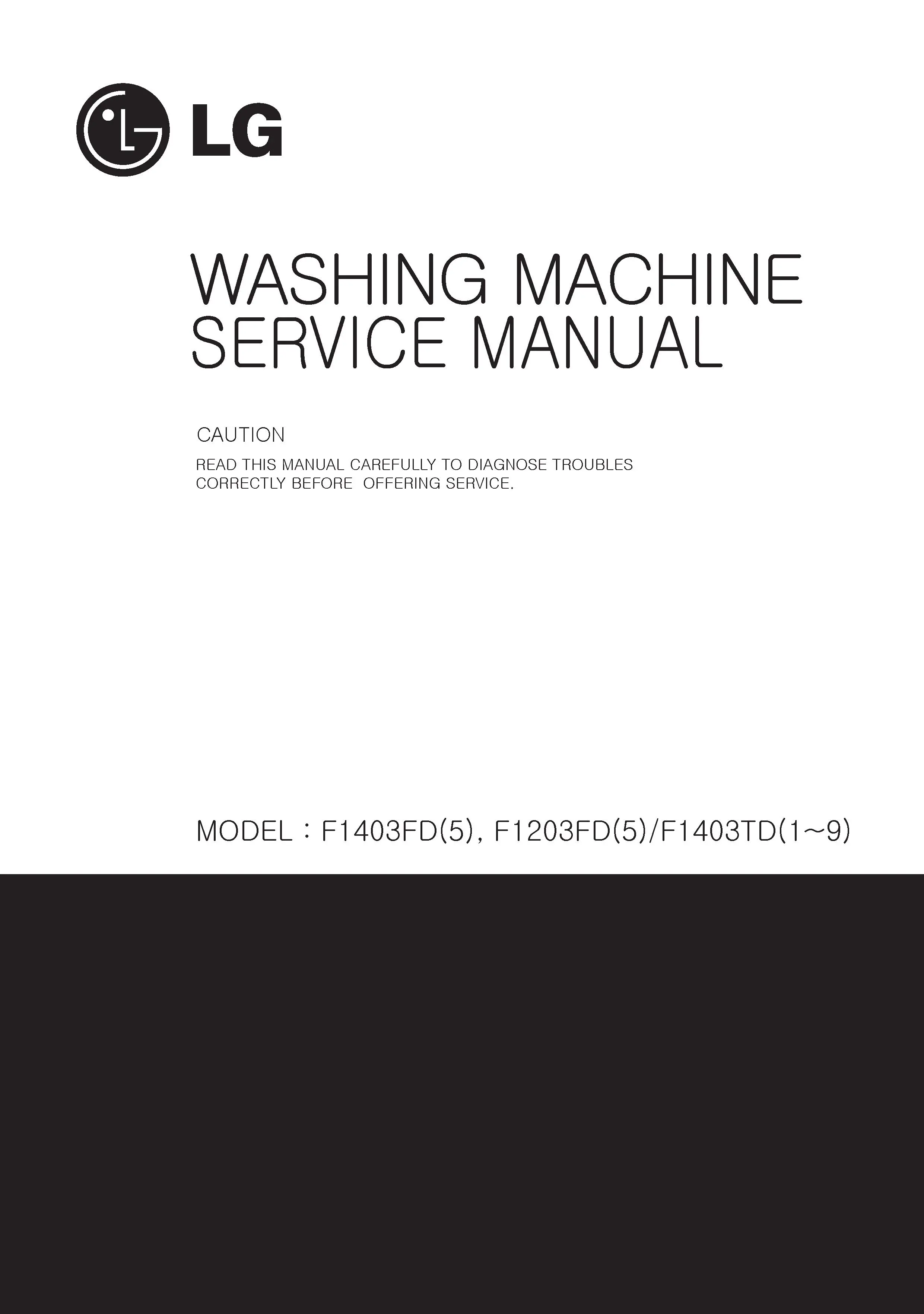 Lg wd 1403fd service manual cover with LG logo, service website path, washer model codes and service caution notice