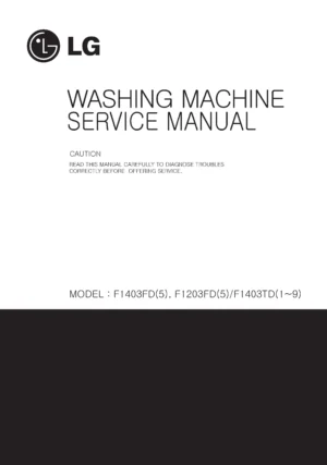 Lg wd 1403fda service manual cover with LG logo, service website path, washer model codes and service caution notice