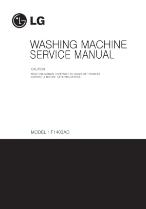 Lg wd 1403rd service manual cover with LG logo, service website path, washer model codes and service caution notice