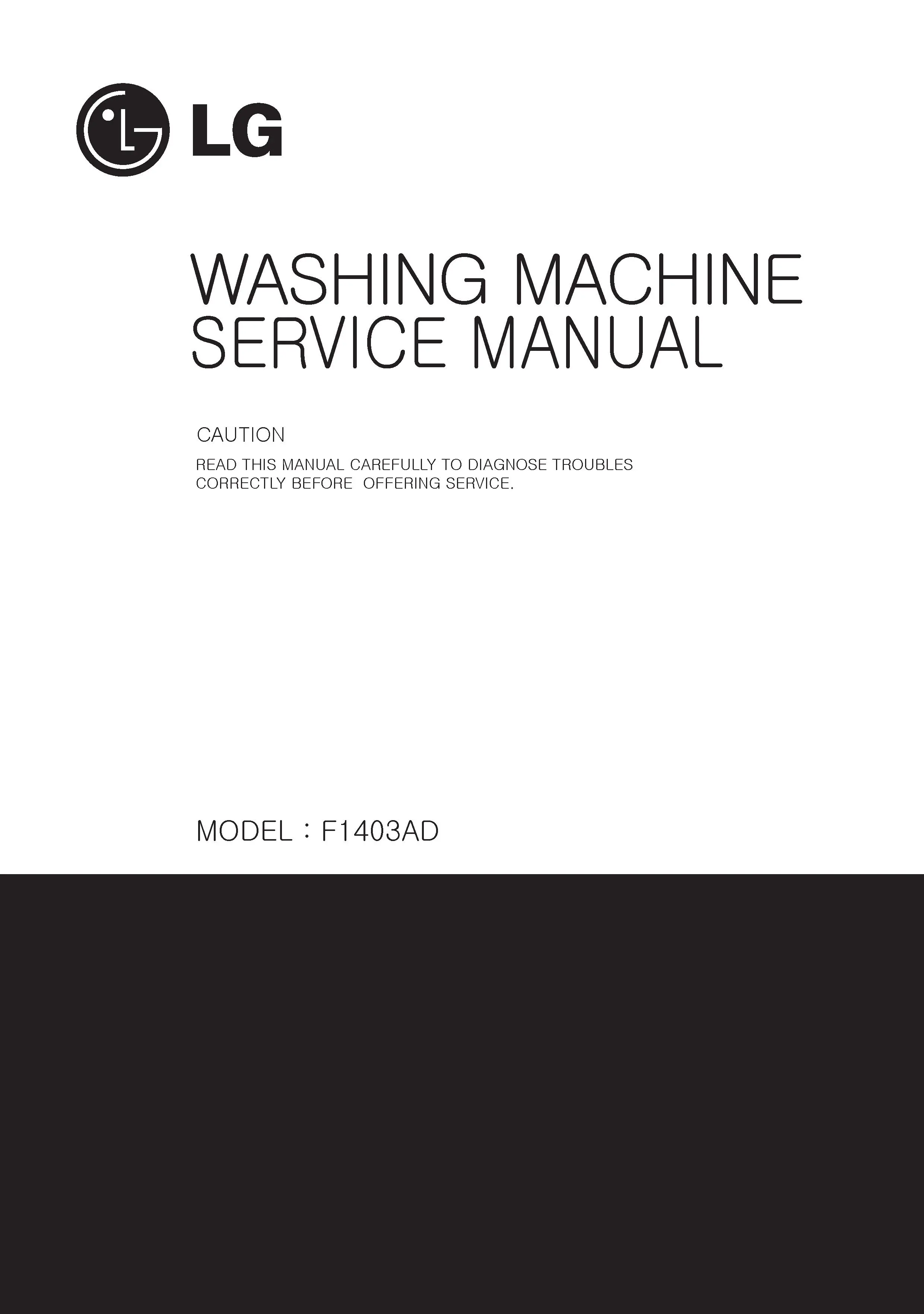 Lg wd 1403rd service manual cover with LG logo, service website path, washer model codes and service caution notice