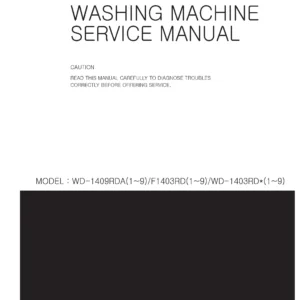 Lg wd 1403rd5 service manual cover with LG logo, service website path, washer model codes and service caution notice