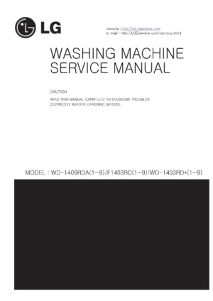 Lg wd 1403rd5 service manual cover with LG logo, service website path, washer model codes and service caution notice