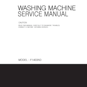 Lg wd 1403rda service manual cover with LG logo, service website path, washer model codes and service caution notice