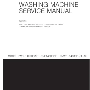 Lg wd 1403rda5 service manual cover with LG logo, service website path, washer model codes and service caution notice