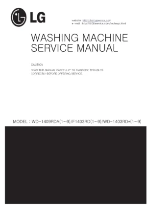 Lg wd 1403rda5 service manual cover with LG logo, service website path, washer model codes and service caution notice