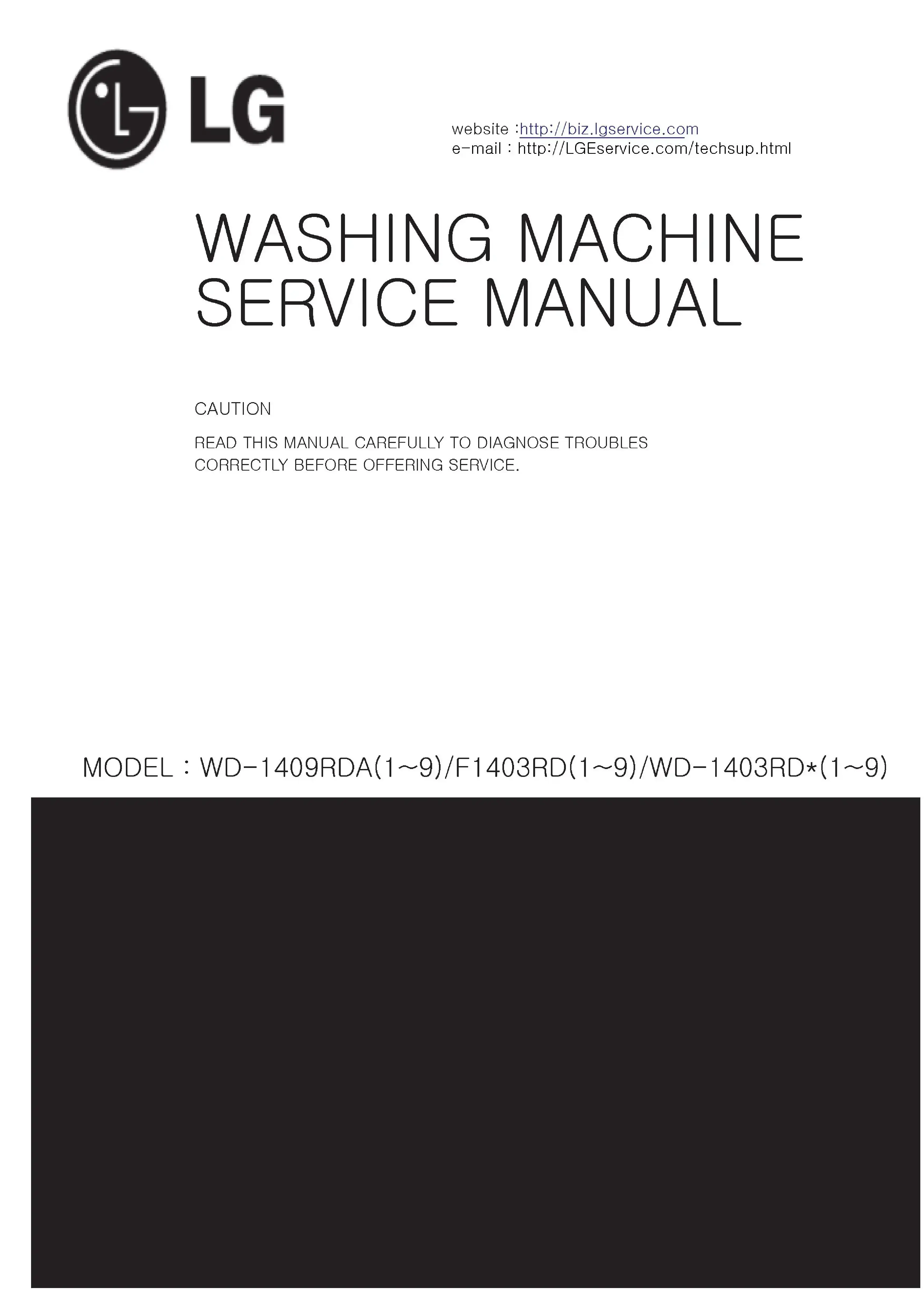 Lg wd 1403rda5 service manual cover with LG logo, service website path, washer model codes and service caution notice