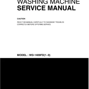Lg wd 1409fd service manual cover with LG logo, service website path, washer model codes and service caution notice
