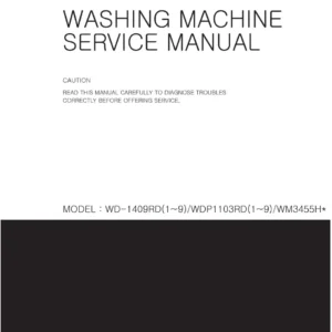 Lg wd 1409rd1 wdp1103rd1 wm3455h service manual cover with LG logo, service website path, washer model codes and service caution notice