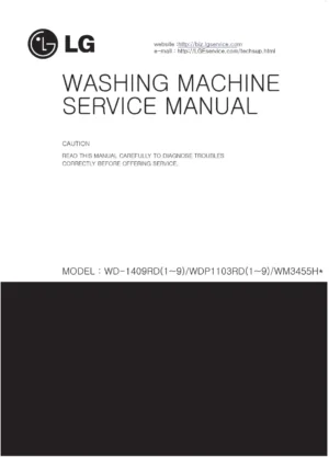 Lg wd 1409rd1 wdp1103rd1 wm3455h service manual cover with LG logo, service website path, washer model codes and service caution notice
