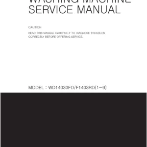 Lg wd 1409rd5 service manual cover with LG logo, service website path, washer model codes and service caution notice