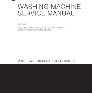 Lg wd 1409rda service manual cover with LG logo, service website path, washer model codes and service caution notice