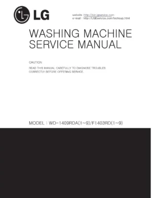 Lg wd 1409rda service manual cover with LG logo, service website path, washer model codes and service caution notice