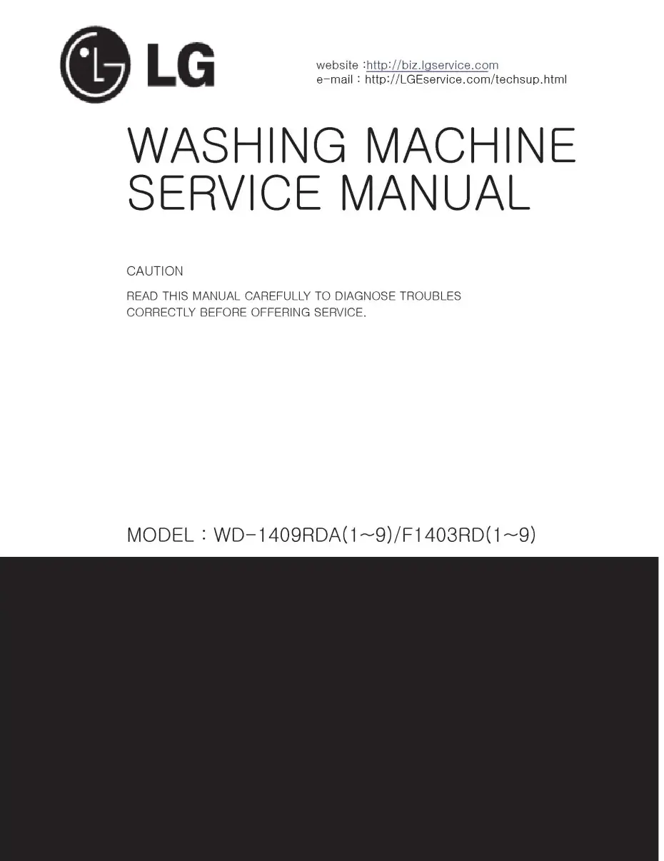 Lg wd 1409rda service manual cover with LG logo, service website path, washer model codes and service caution notice