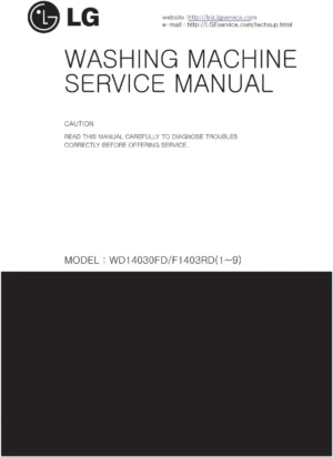 Lg wd 1409rda5 service manual cover with LG logo, service website path, washer model codes and service caution notice