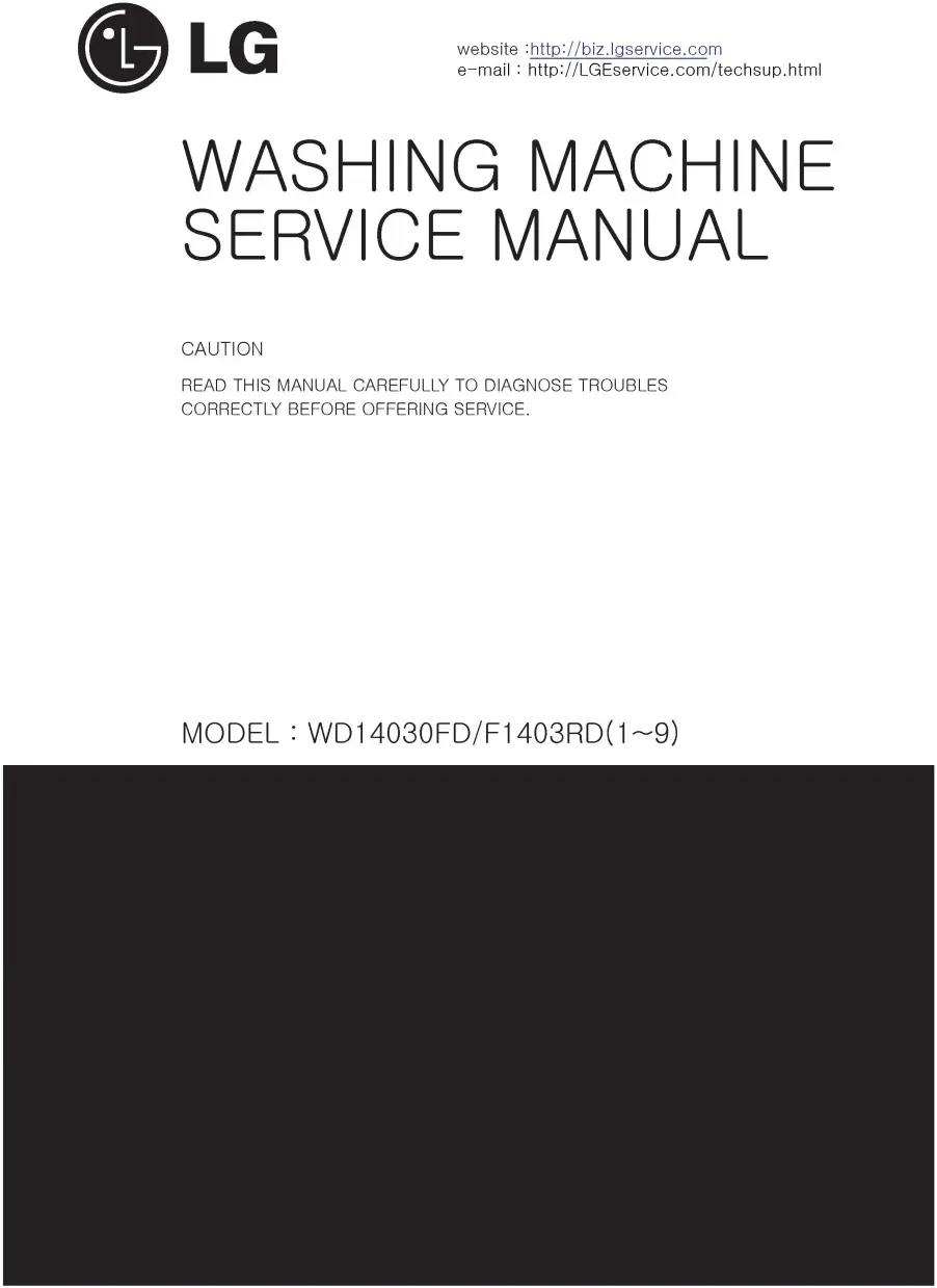 Lg wd 1409rda5 service manual cover with LG logo, service website path, washer model codes and service caution notice