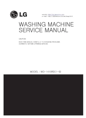 Lg wd 1410rd service manual cover with LG logo, service website path, washer model codes and service caution notice