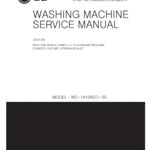 Lg wd 1410rd5 service manual cover with LG logo, service website path, washer model codes and service caution notice