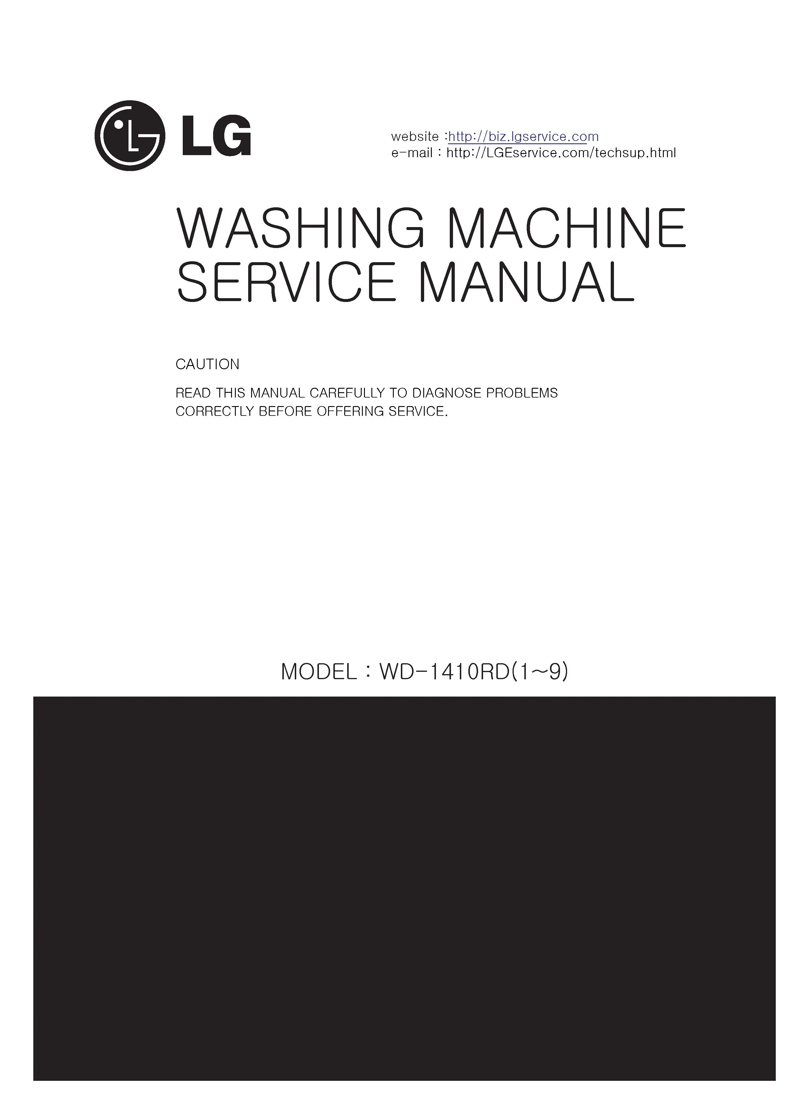 Lg wd 1410rd5 service manual cover with LG logo, service website path, washer model codes and service caution notice