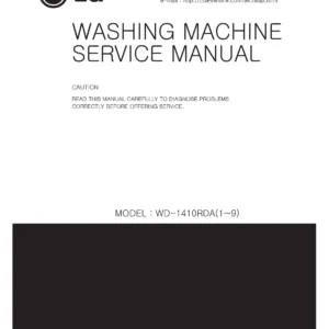Lg wd 1410rda service manual cover with LG logo, service website path, washer model codes and service caution notice