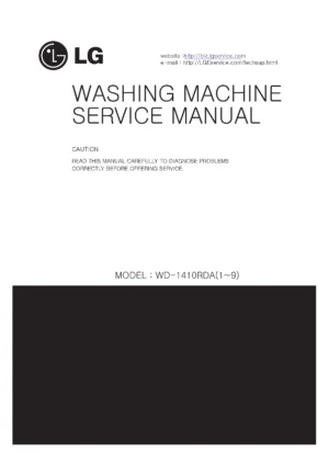 Lg wd 1410rda service manual cover with LG logo, service website path, washer model codes and service caution notice