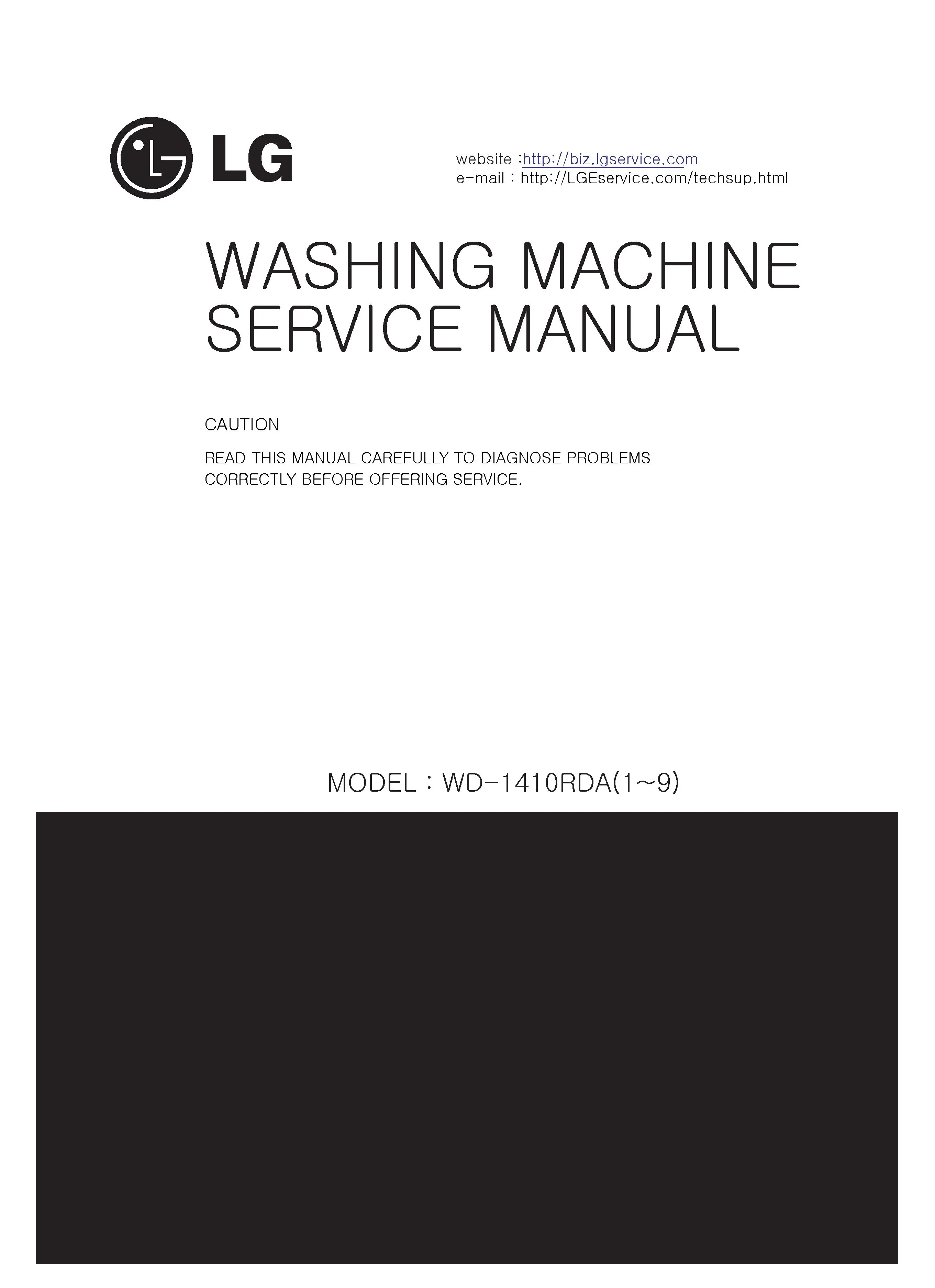 Lg wd 1410rda5 service manual cover with LG logo, service website path, washer model codes and service caution notice