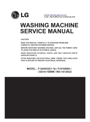 Lg wd 14130gd service manual cover with LG logo, service website path, washer model codes and service caution notice