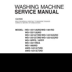 Lg wd 14311rdk service manual cover with LG logo, service website path, washer model codes and service caution notice