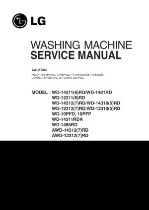 Lg wd 14311rdk service manual cover with LG logo, service website path, washer model codes and service caution notice