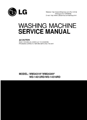 Lg wd 14312rd wd 14316rd service manual cover with LG logo, service website path, washer model codes and service caution notice