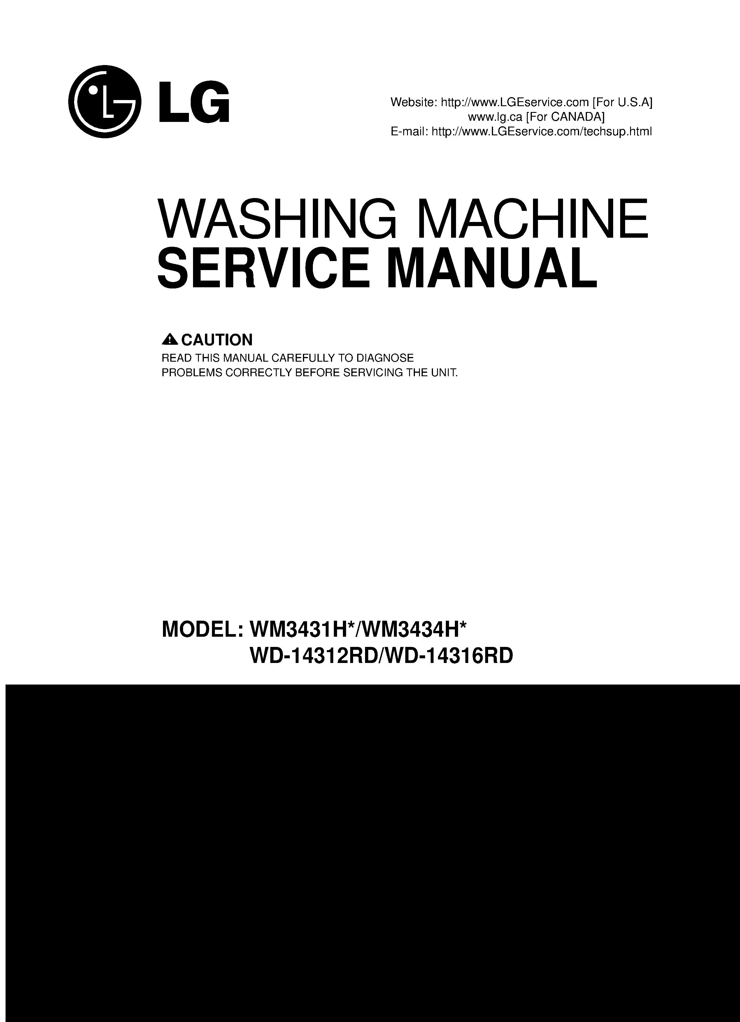 Lg wd 14312rd wd 14316rd service manual cover with LG logo, service website path, washer model codes and service caution notice