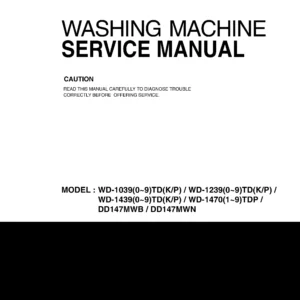 Lg wd 14701tdp service manual cover with LG logo, service website path, washer model codes and service caution notice
