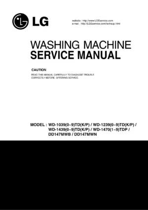 Lg wd 14701tdp service manual cover with LG logo, service website path, washer model codes and service caution notice