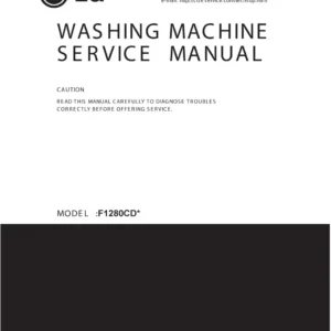 Lg wd 1485ada service manual cover with LG logo, service website path, washer model codes and service caution notice