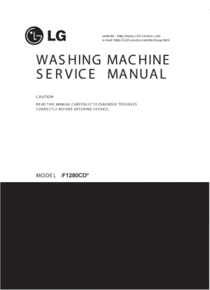 Lg wd 1485ada5 service manual cover with LG logo, service website path, washer model codes and service caution notice
