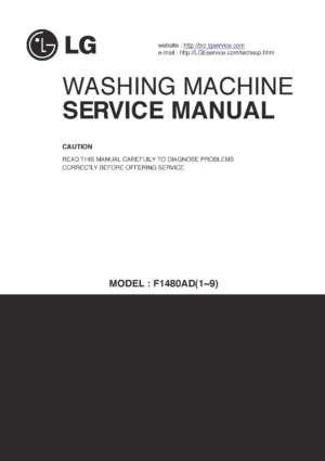 Lg wd 1485adp service manual cover with LG logo, service website path, washer model codes and service caution notice