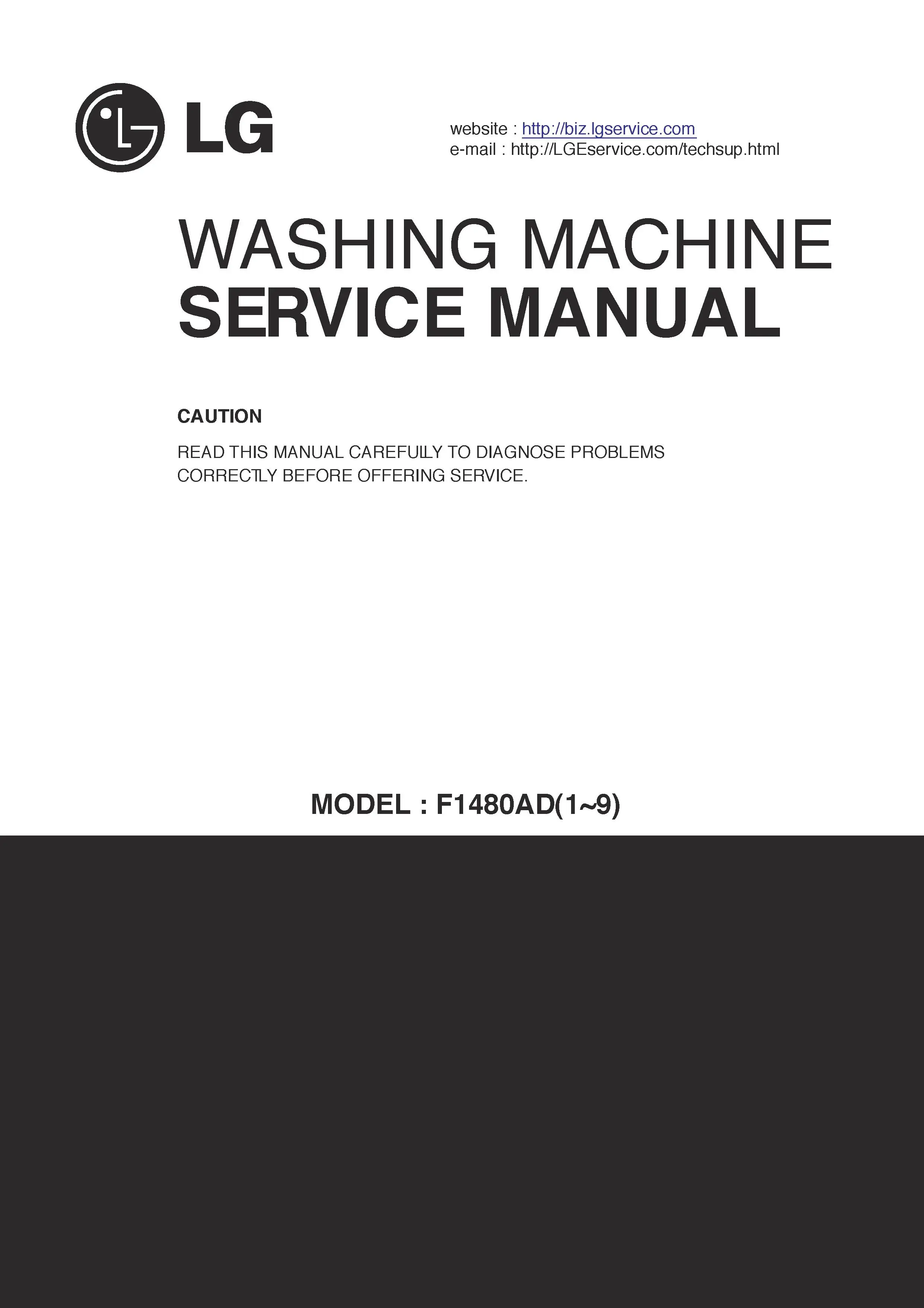 Lg wd 1485adp service manual cover with LG logo, service website path, washer model codes and service caution notice