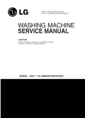 Lg wd 16396fdk service manual cover with LG logo, service website path, washer model codes and service caution notice