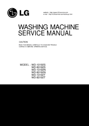 Lg wd 80192n service manual cover with LG logo, service website path, washer model codes and service caution notice