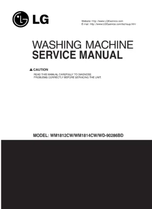 Lg wd 90286bd service manual cover with LG logo, service website path, washer model codes and service caution notice