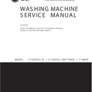 Lg wd10020d service manual cover with LG logo, service website path, washer model codes and service caution notice