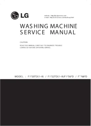 Lg wd10020d service manual cover with LG logo, service website path, washer model codes and service caution notice