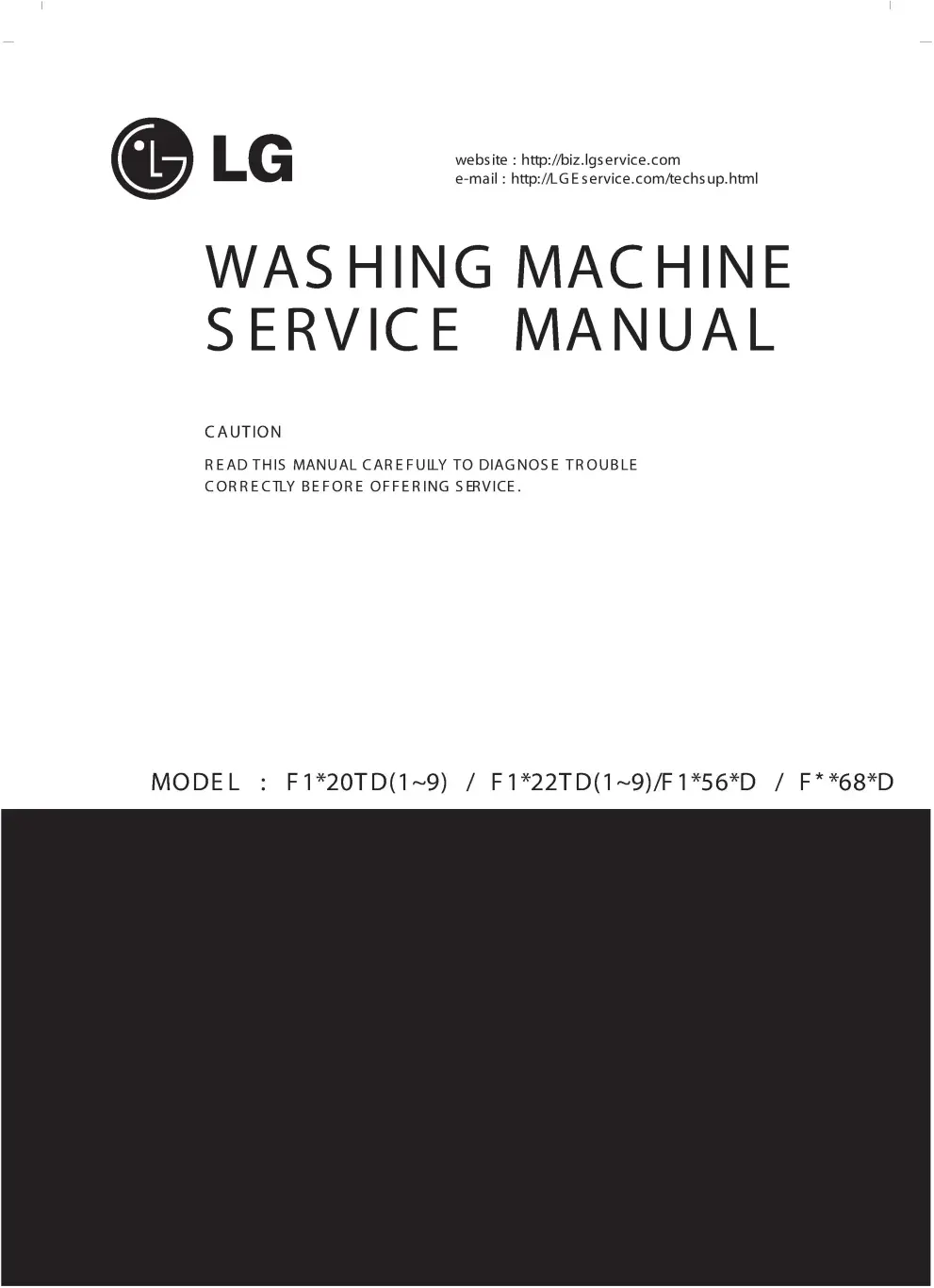 Lg wd10020d service manual cover with LG logo, service website path, washer model codes and service caution notice
