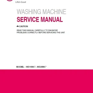 Lg wd100cv wd100cw service manual cover with LG logo, service website path, washer model codes and service caution notice