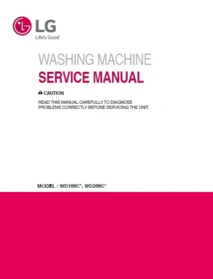 Lg wd100cv wd100cw service manual cover with LG logo, service website path, washer model codes and service caution notice