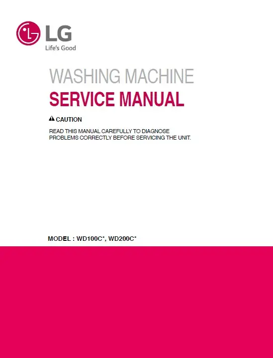 Lg wd100cv wd100cw service manual cover with LG logo, service website path, washer model codes and service caution notice