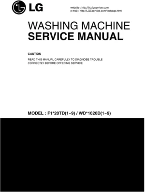 Lg wd11020d1 service manual cover with LG logo, service website path, washer model codes and service caution notice