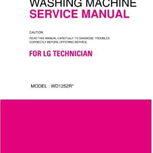Lg wd1252rd service manual cover with LG logo, service website path, washer model codes and service caution notice