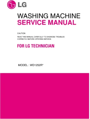 Lg wd1252rd service manual cover with LG logo, service website path, washer model codes and service caution notice