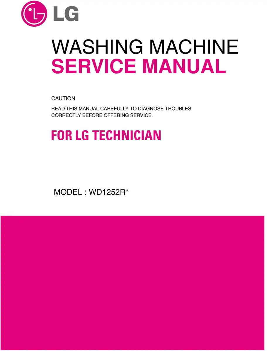 Lg wd1252rd service manual cover with LG logo, service website path, washer model codes and service caution notice